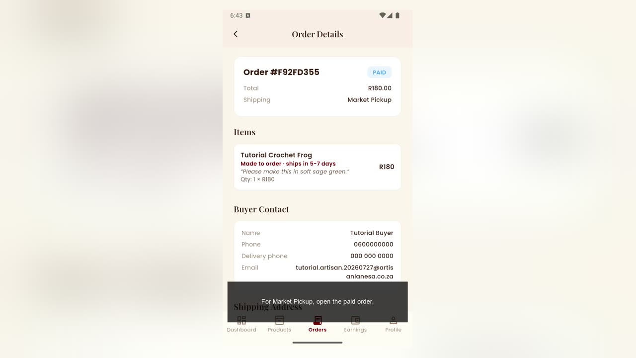 Handle a market pickup order