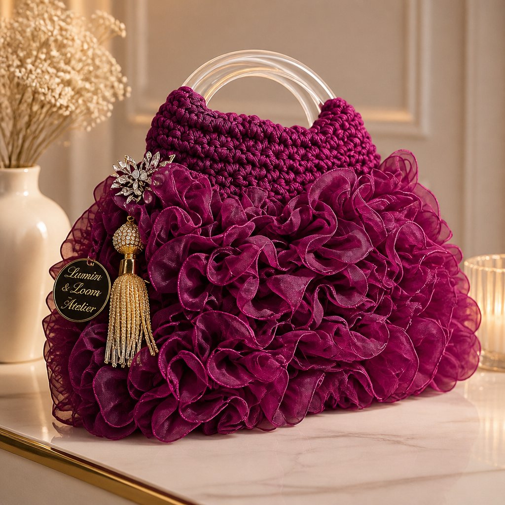 Handcrafted Plum Ruffled Organza Statement Handbag with Crystal Butterfly Charm