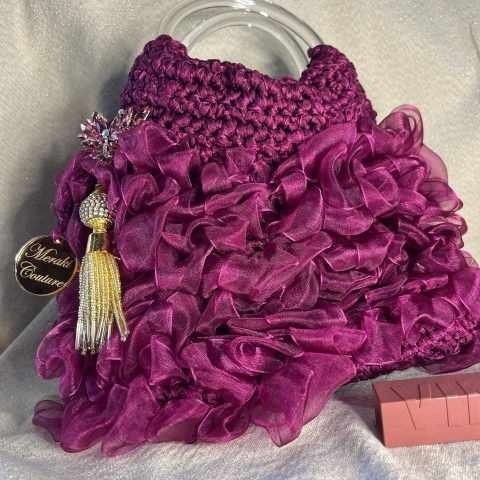 Handcrafted Plum Ruffled Organza Statement Handbag with Crystal Butterfly Charm image 2