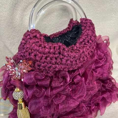 Handcrafted Plum Ruffled Organza Statement Handbag with Crystal Butterfly Charm image 3