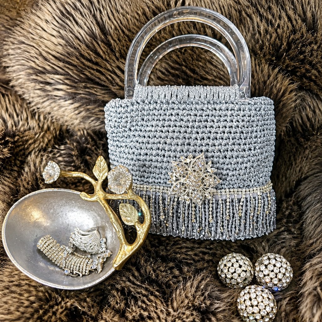 Silver Luxe Crystal-Embellished Crochet Handbag