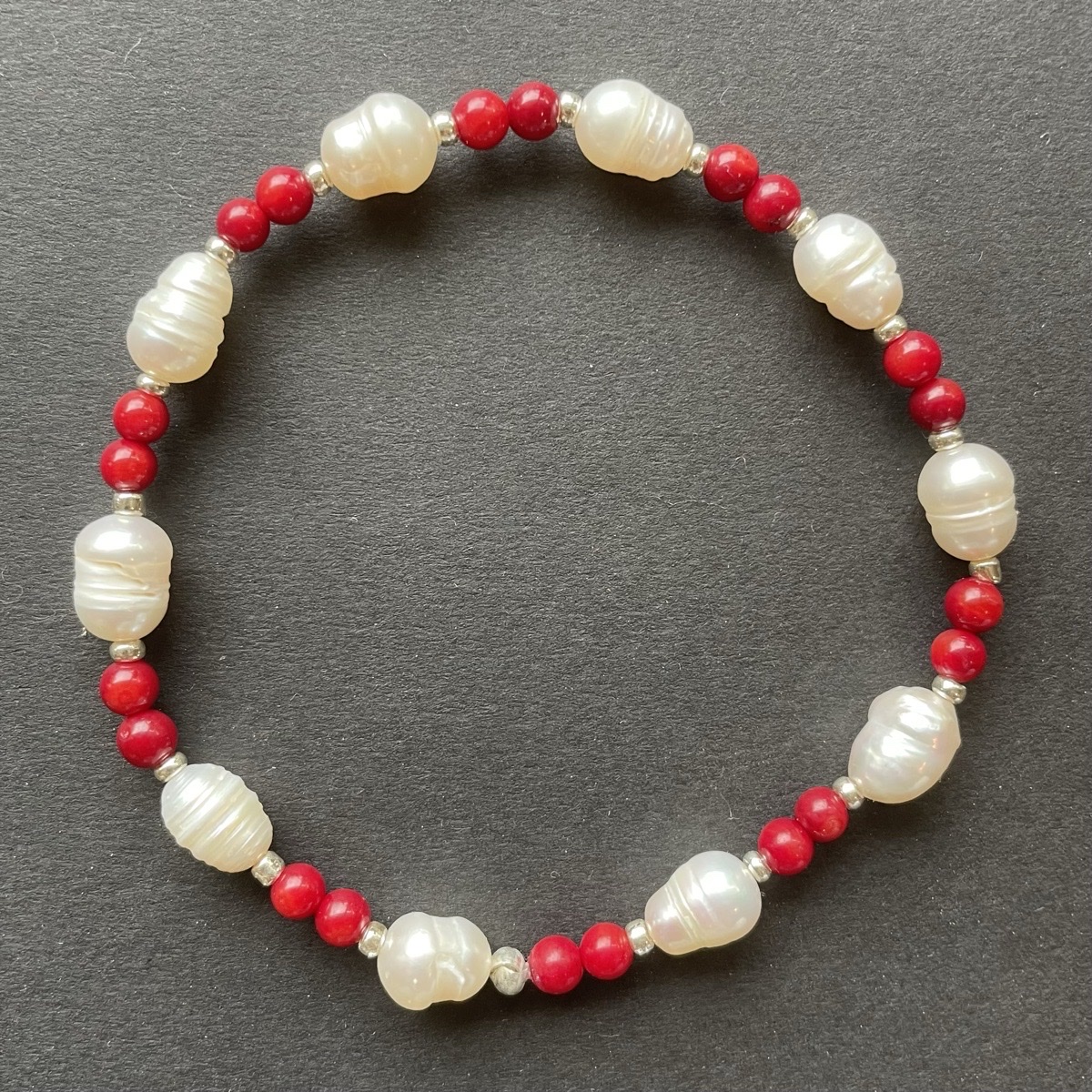 Red coral, Freshwater Pearl & Silver Stretch Bracelet