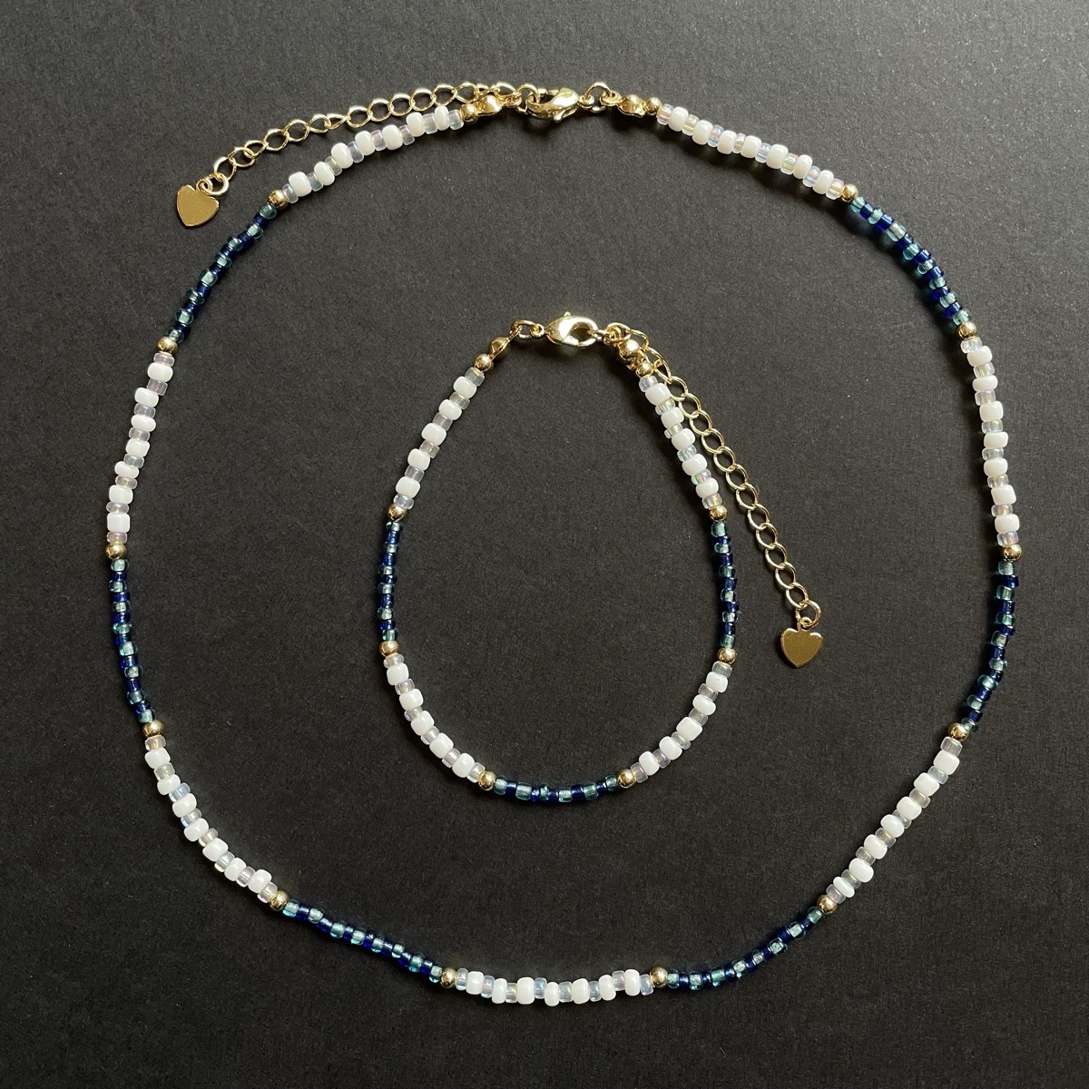 Matching Set: Blue, White & Gold Necklace & Bracelet
