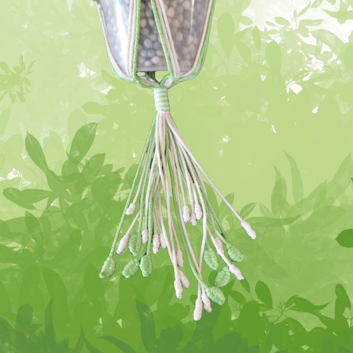 Macramé Plant Hanger – Green and White With Bud Tassels image 3