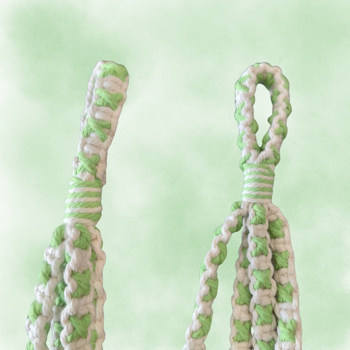Macramé Plant Hanger – Green and White With Bud Tassels image 4