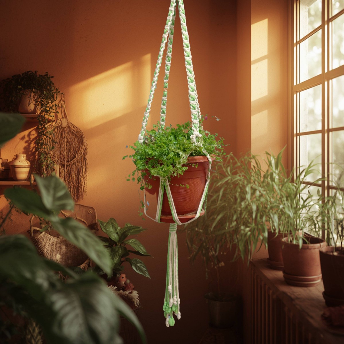 Macramé Plant Hanger – Green and White With Bud Tassels