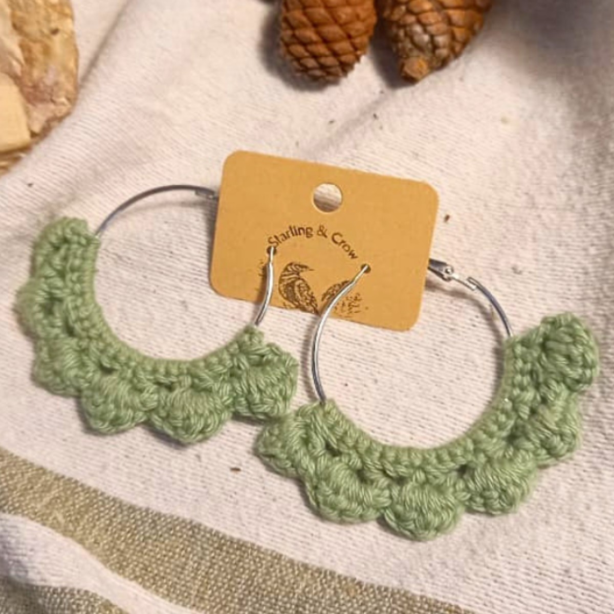 Crochet Boho Hoop Earrings (Small) - Sage image 2
