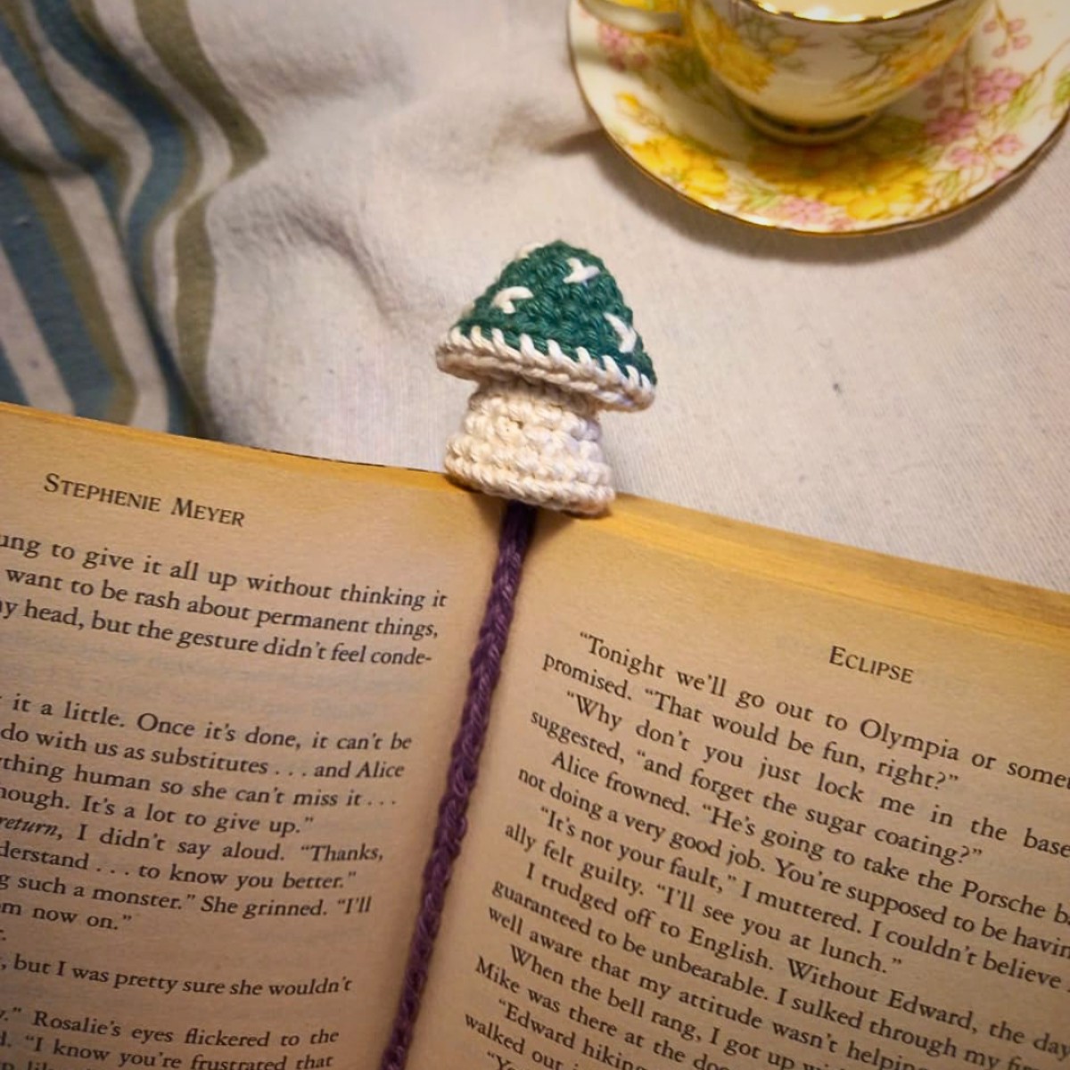 Crochet Woodland Mushroom Bookmark in Forest Green