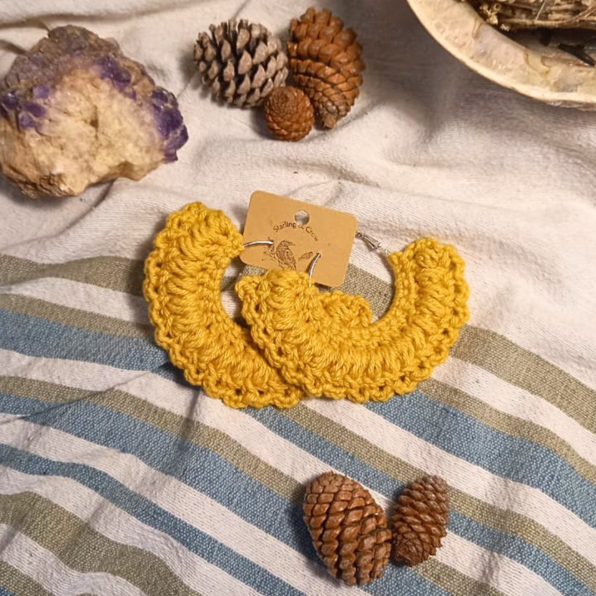 Crochet Boho Hoop Earrings (Large) - Mustard