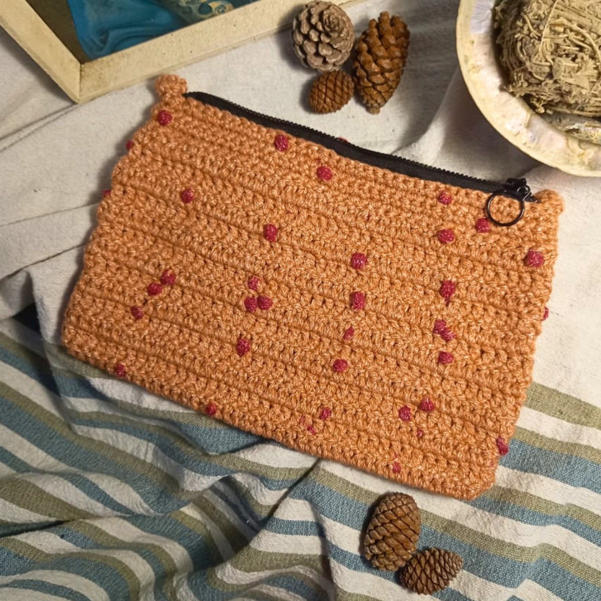 Crochet Chunky Zip Strawberries and Cream Make-Up / Toiletry Bag
