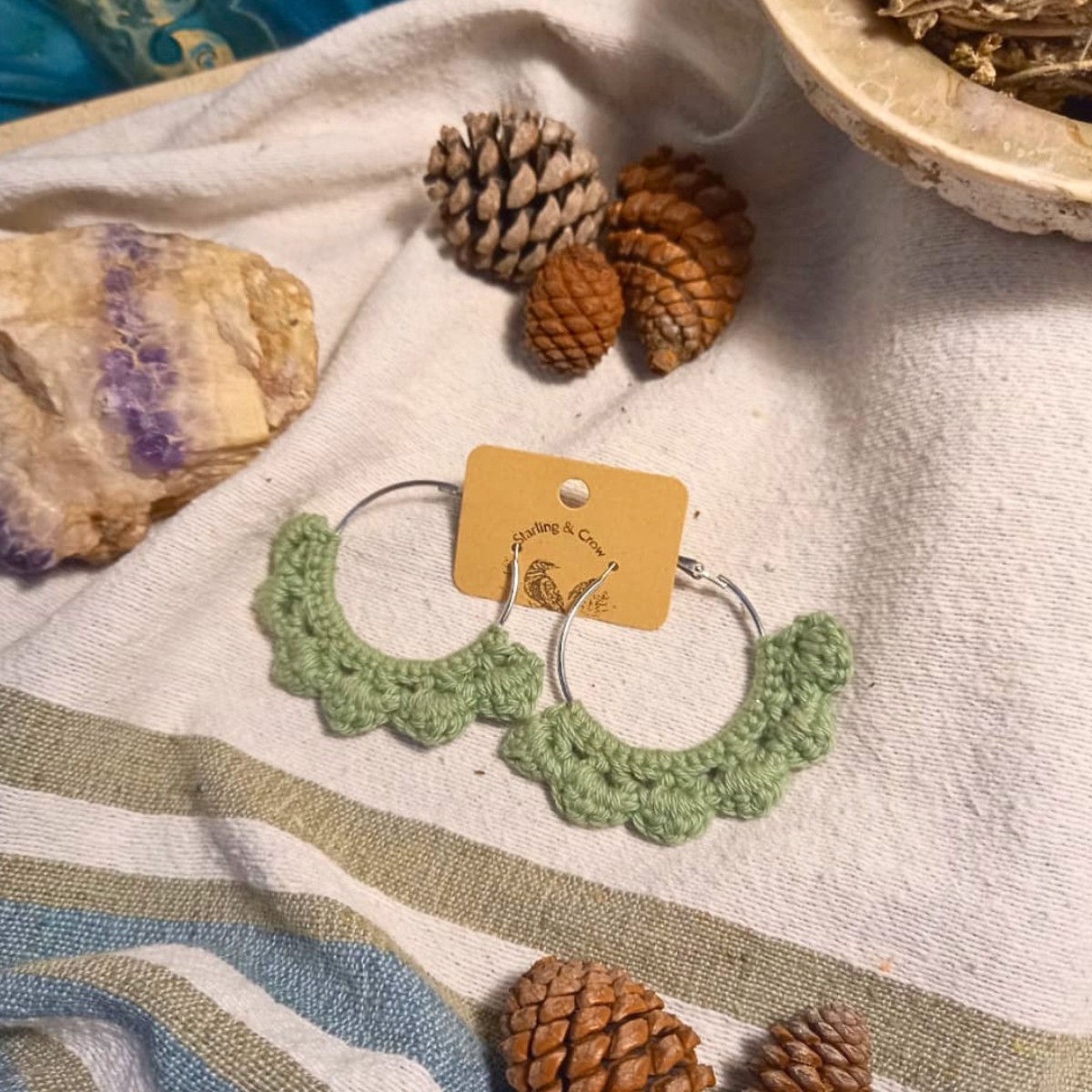 Crochet Boho Hoop Earrings (Small) - Sage