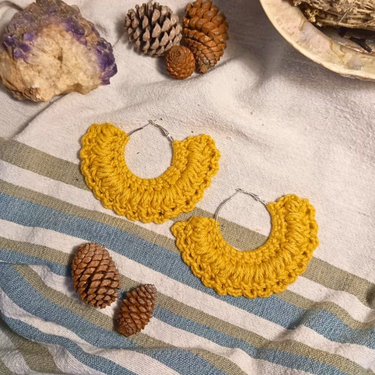 Crochet Boho Hoop Earrings (Large) - Mustard image 2