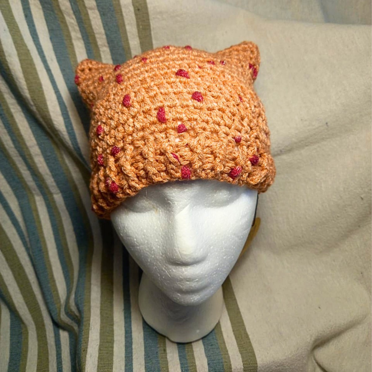 Toddler Cat Ear Crochet Beanie in Strawberries and Cream image 2