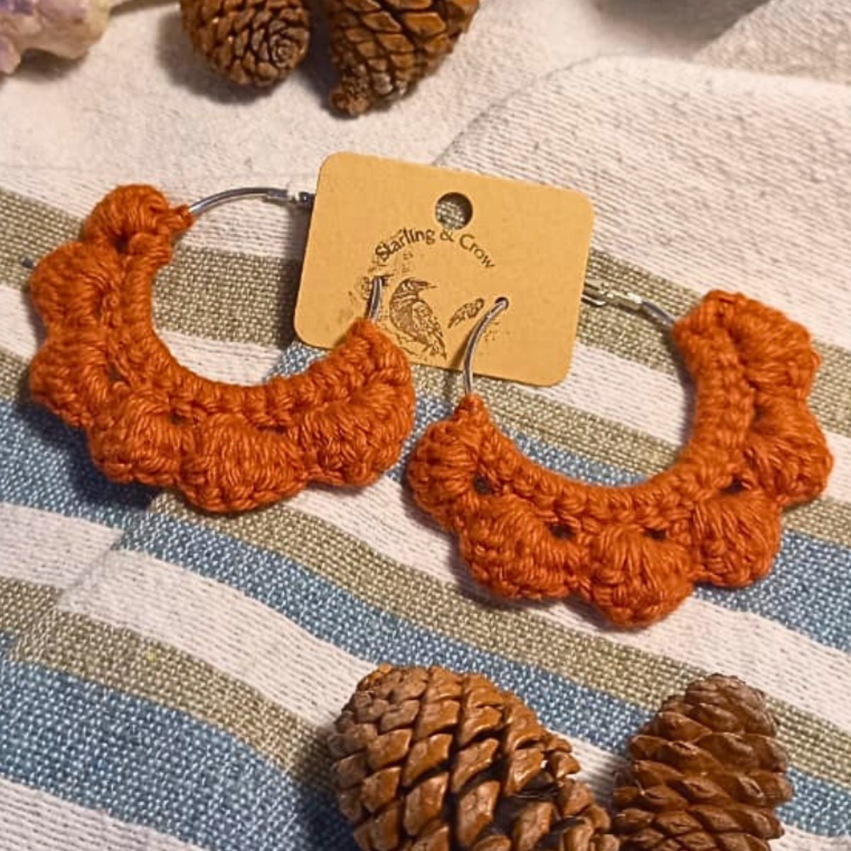 Crochet Boho Hoop Earrings (Small) - Burnt Sienna image 2