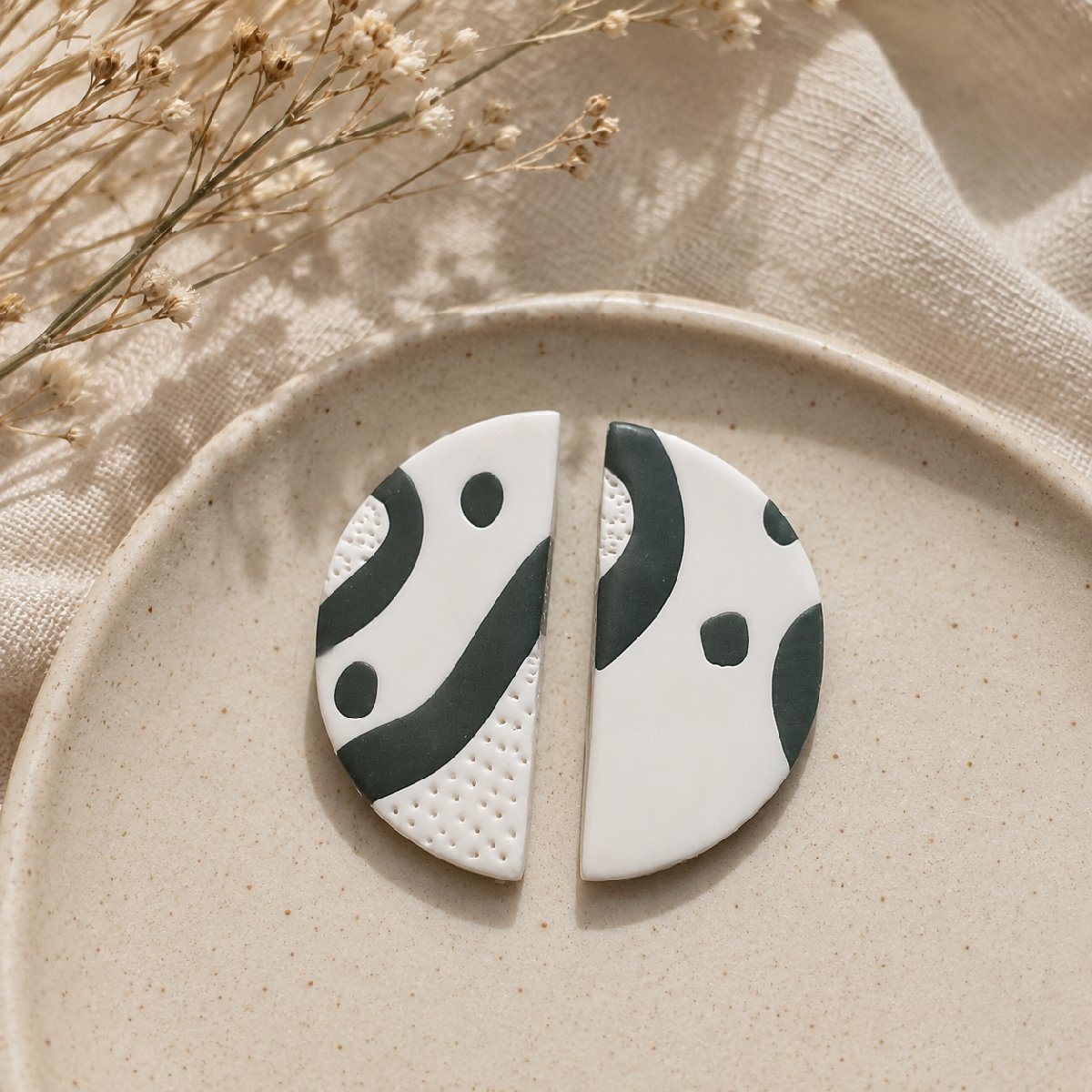 Olive & Cream Abstract Half-Moon Stud Earrings