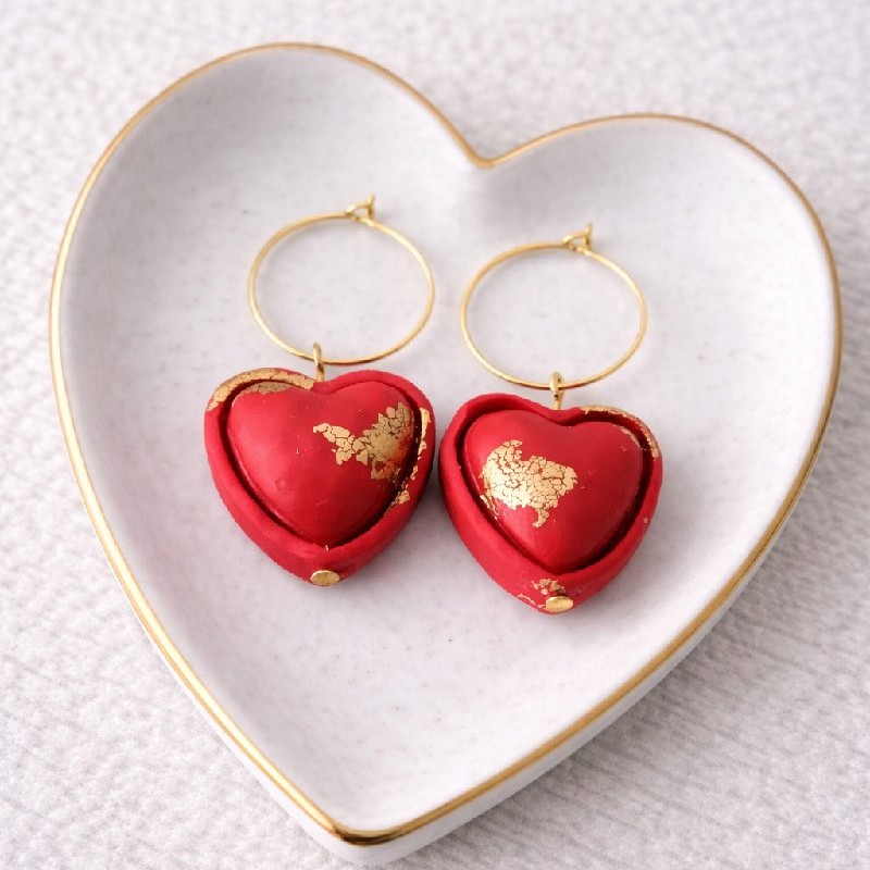 Puffed Crimson Heart Hoop Earrings
