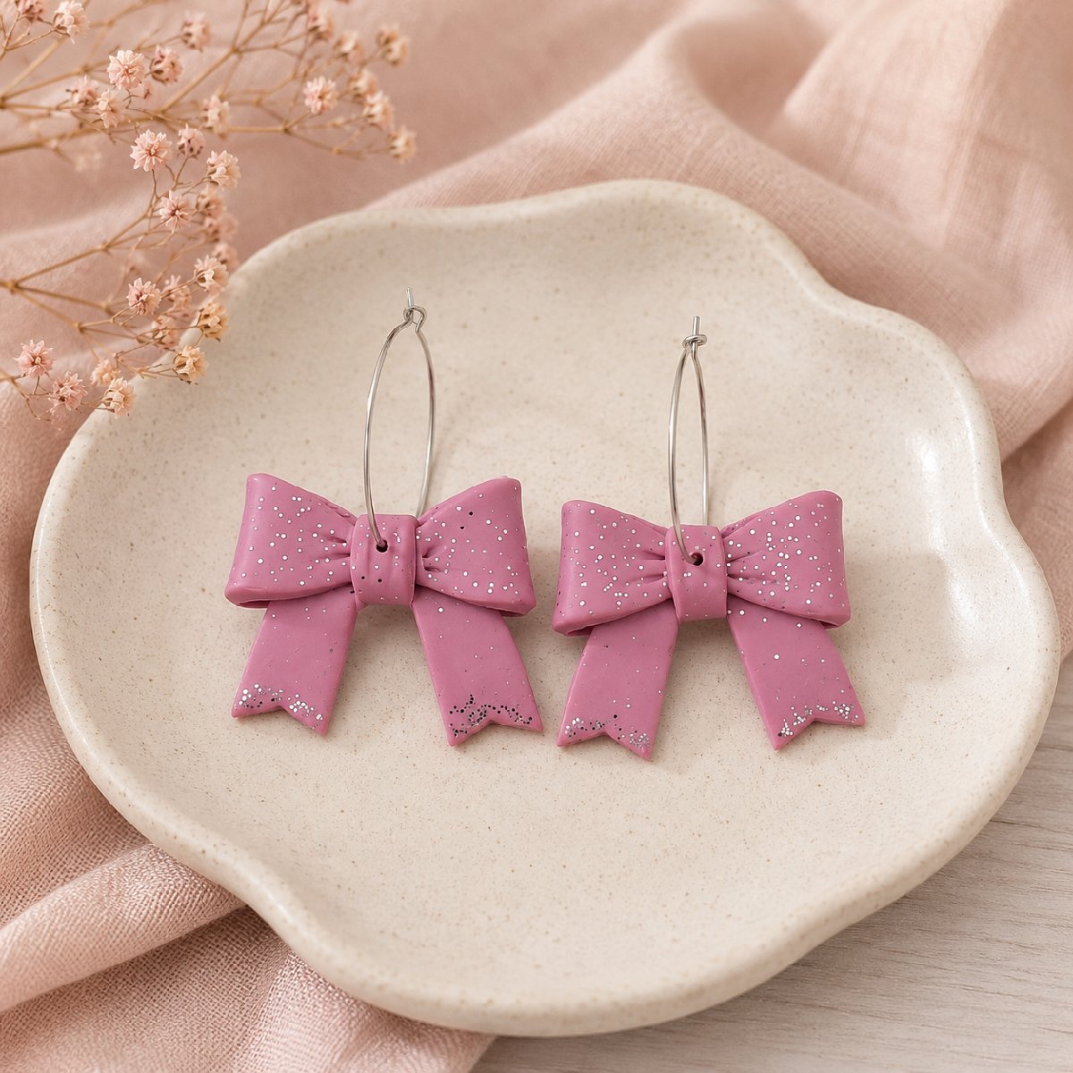 Sparkling Blush Bow Hoop Earrings