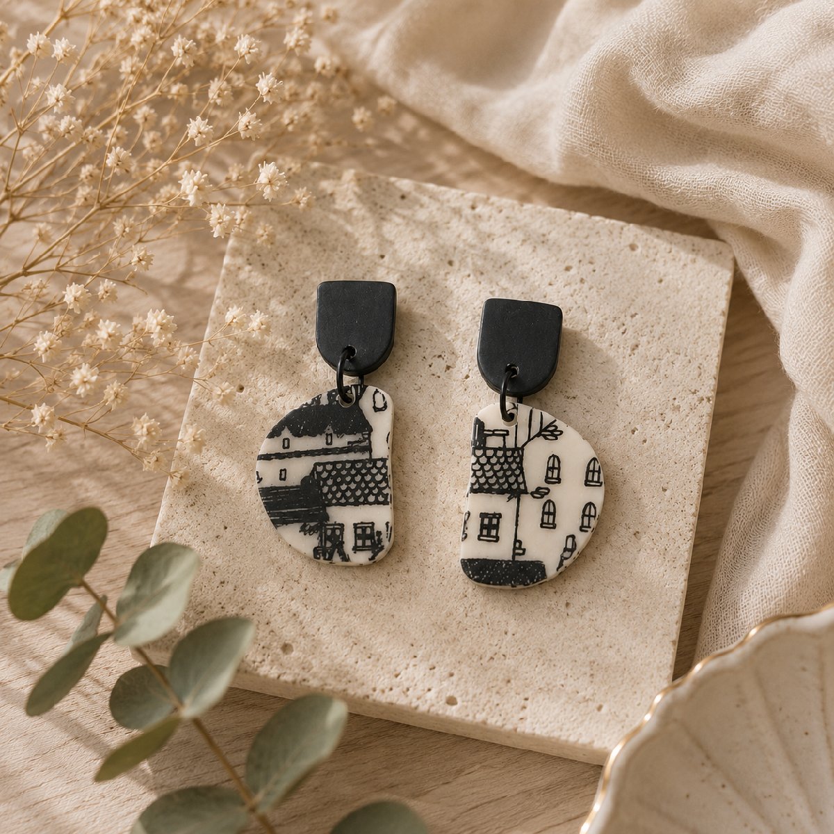 Handmade Neutral House Earrings 🖤🤍