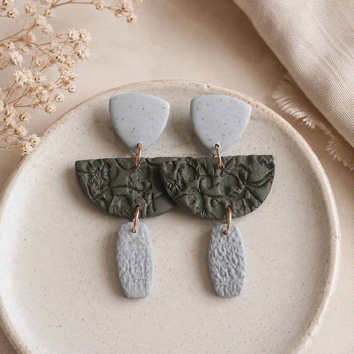 Textured Olive & Granite Effect Polymer Clay Earrings