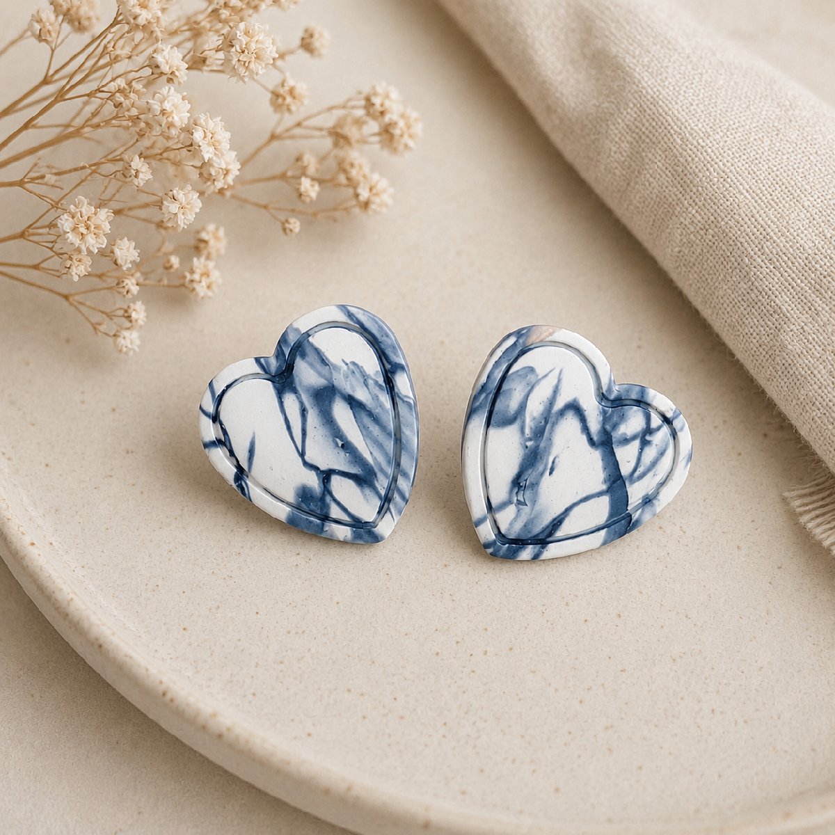 Black & White Marble Heart Polymer Clay Stud Earrings