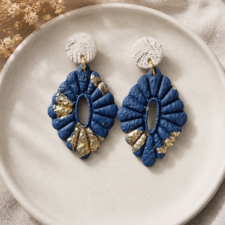 Navy & Gold Textured Polymer Clay Statement Earrings