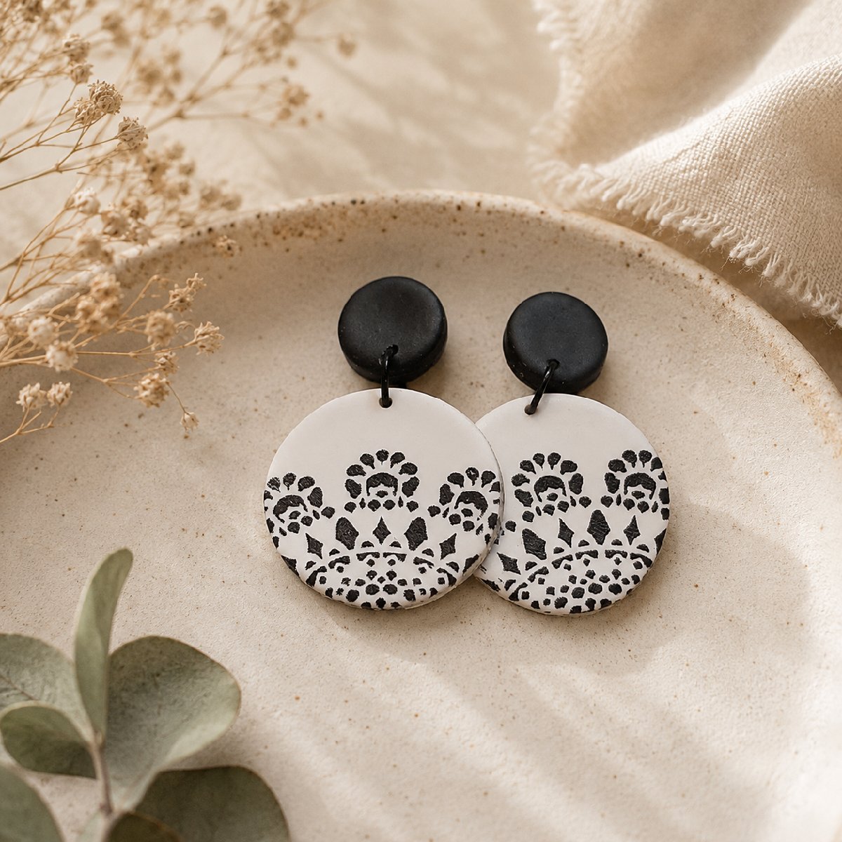 🖤 White & Black Mandala Polymer Clay Earrings 🖤
