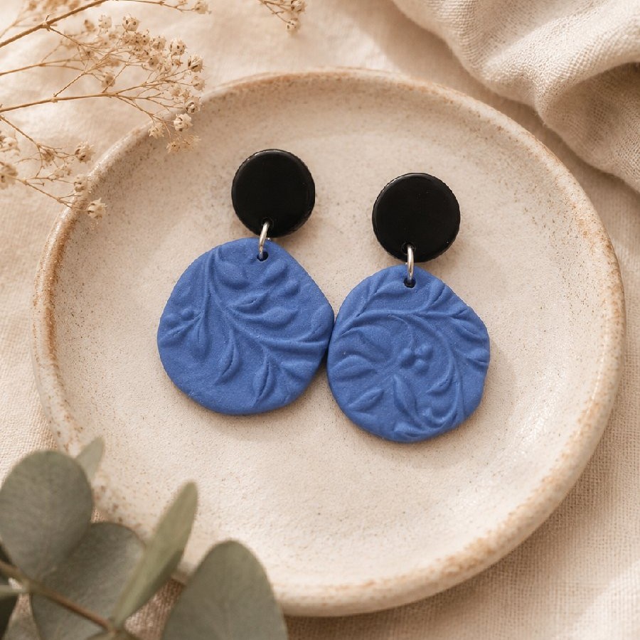 Botanical Periwinkle Blue Statement Polymer Clay Earrings