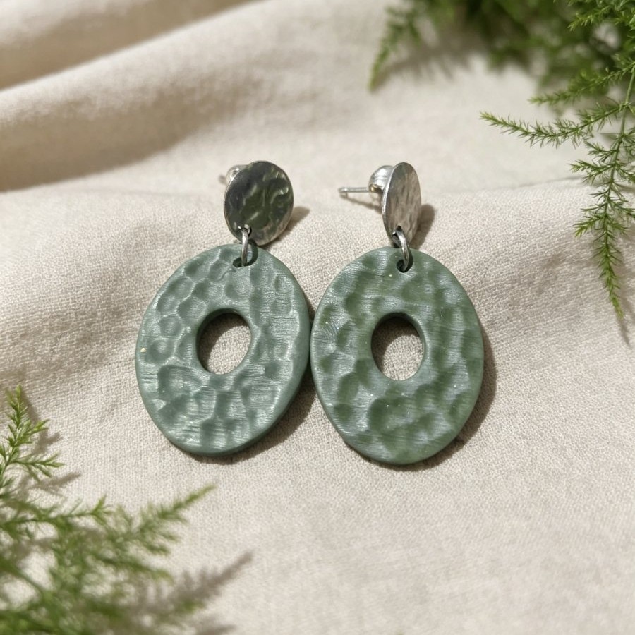 Olive Green Textured Hoop Drop Earrings