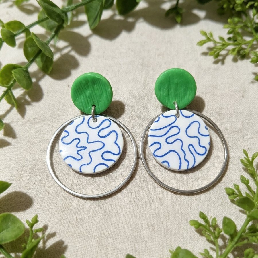 Bright Green & Blue Abstract Layered Drop Earrings