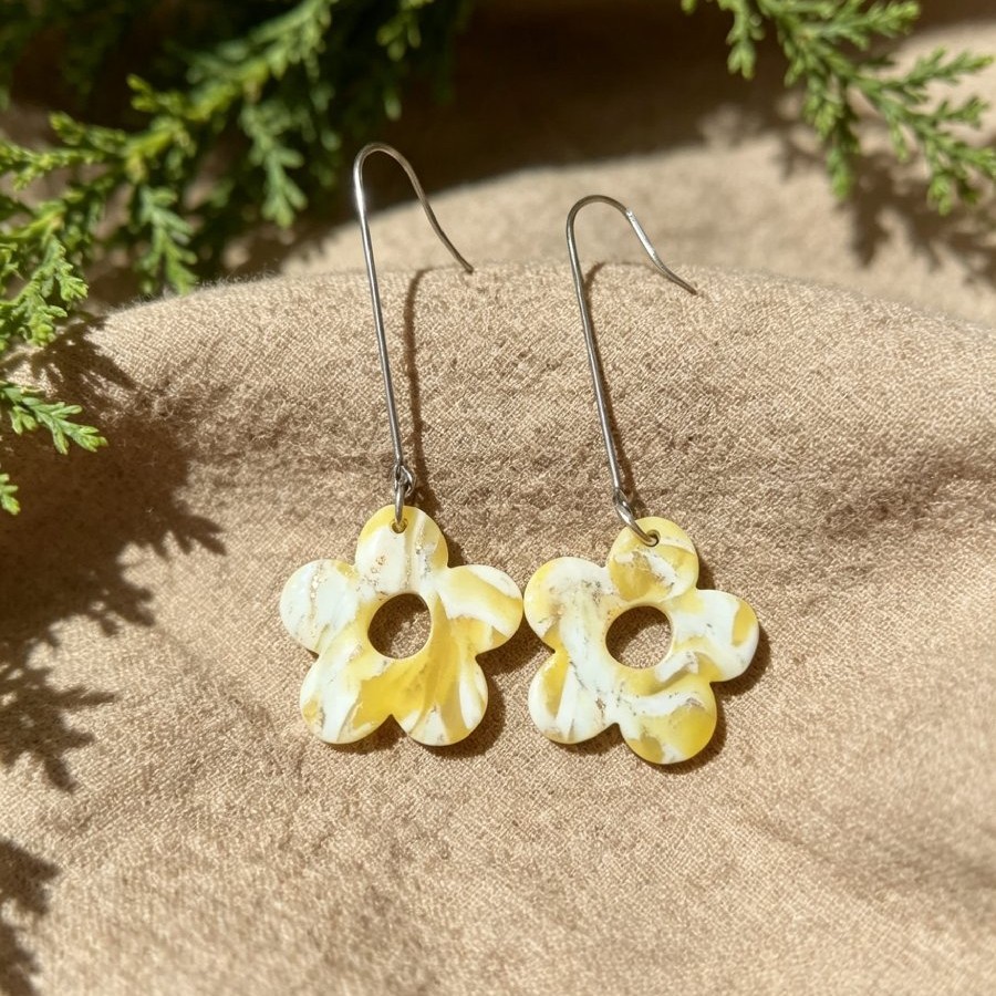 Marbled Yellow Flower Drop Earrings