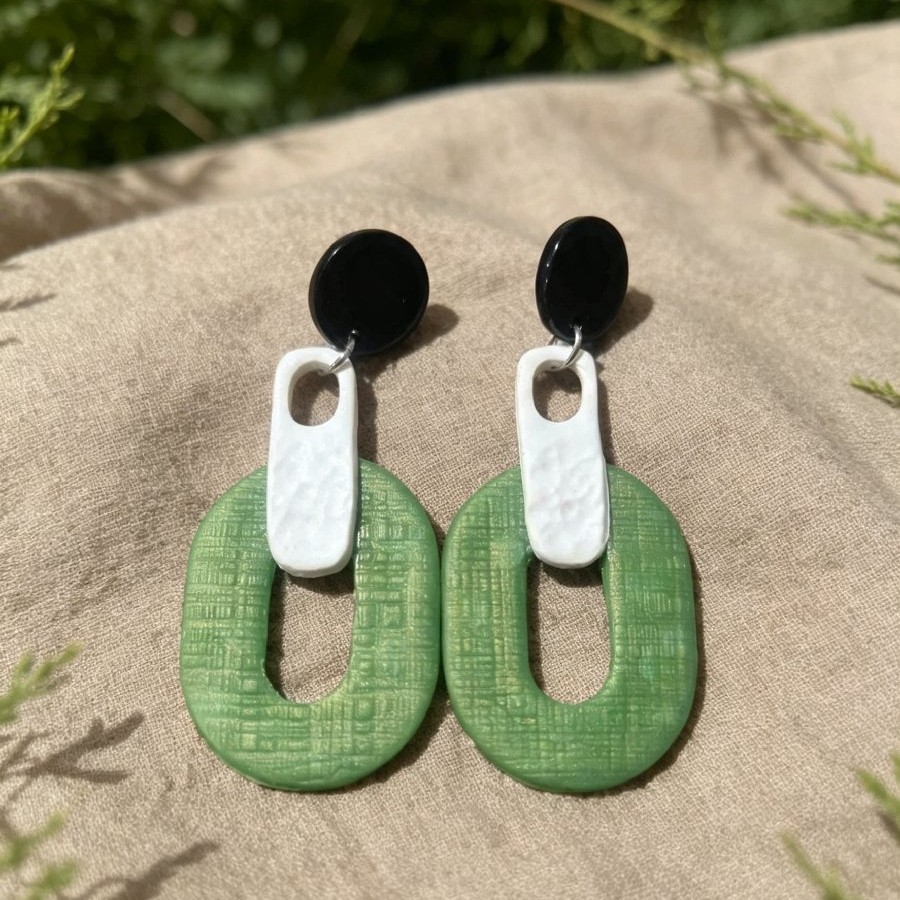 Green, White & Black Layered Oval Drop Earrings