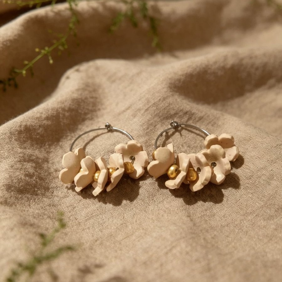 Natural Beige Flower & Gold Bead Hoop Earrings