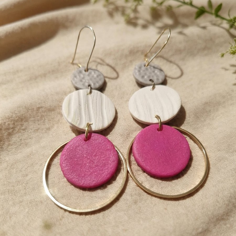 Fuchsia & Neutral Layered Circle Drop Earrings