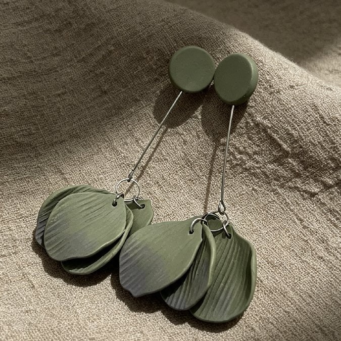 Olive Green Layered Petal Drop Earrings