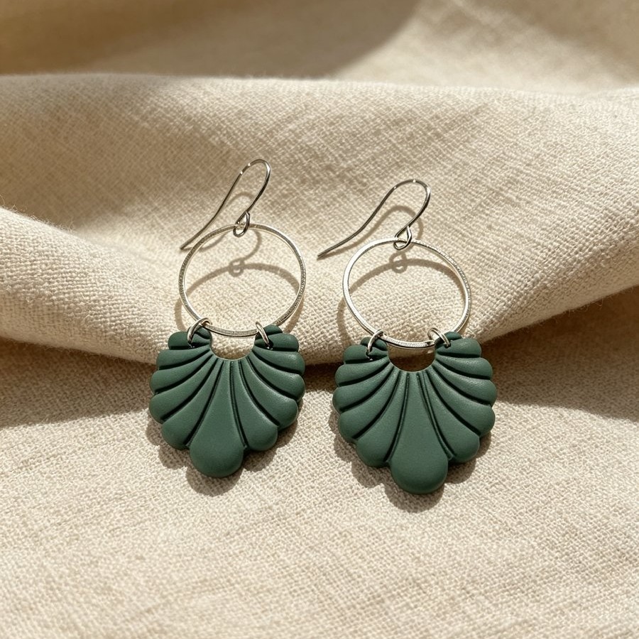 Deep Sage Fan & Hoop Drop Earrings