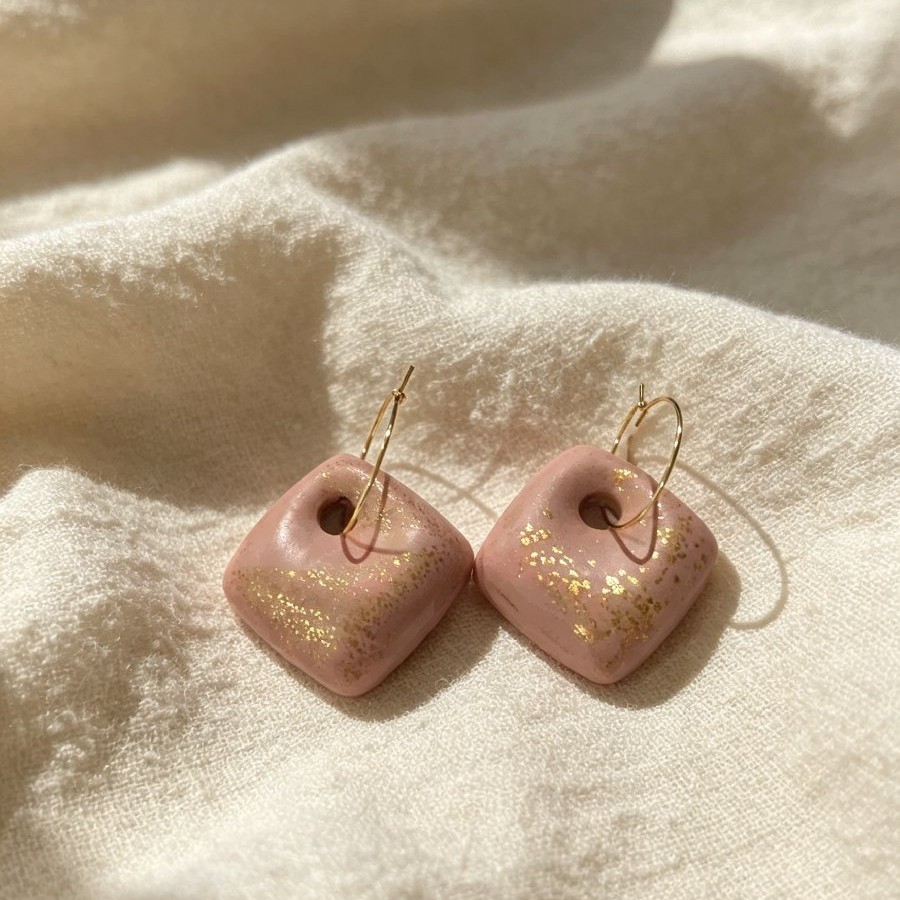 Puffed Warm Taupe & Gold Fleck Square Drop Earrings