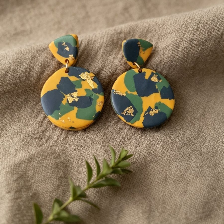 Golden Mustard, Navy & Green Camouflage Drop Earrings