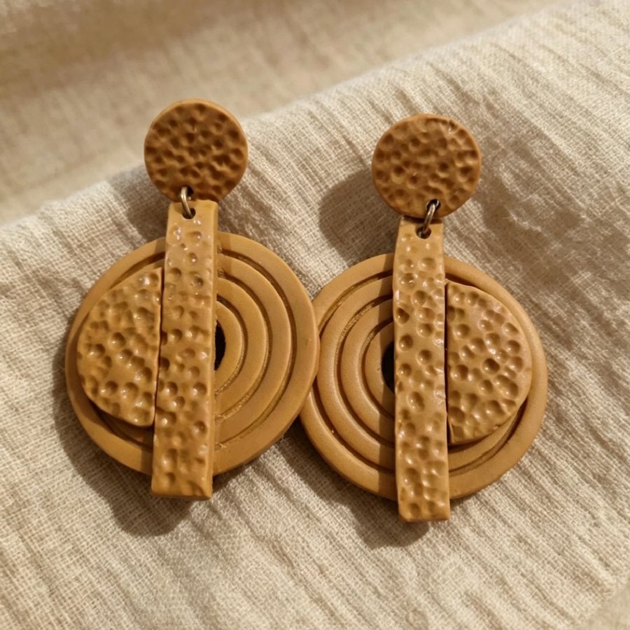 Warm Tan Textured Geometric Drop Earrings