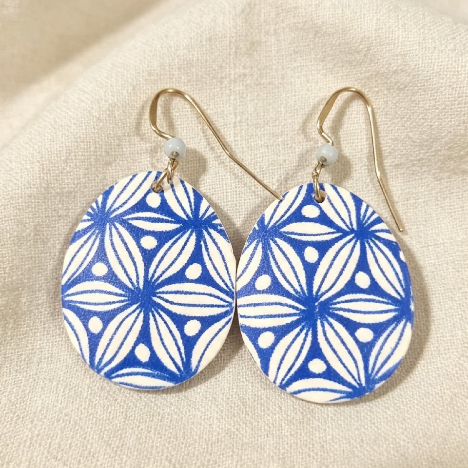Blue & White Oval Patterned Drop Earrings