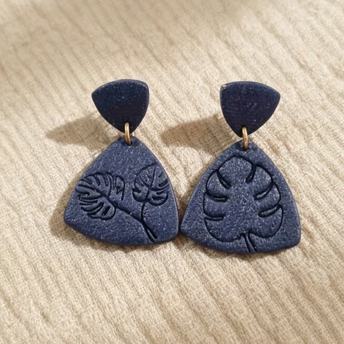 Navy Blue Fabric‑Texture Triangular Earrings