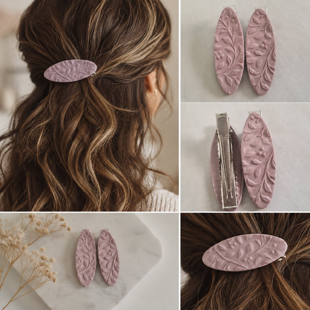 Rose Pink Embossed Floral Hair Clip Set Of 2