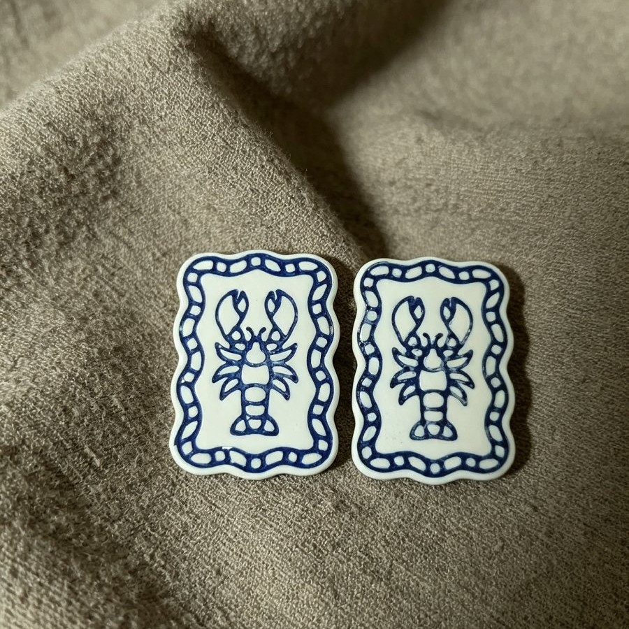 Blue & White Nautical Lobster Studs