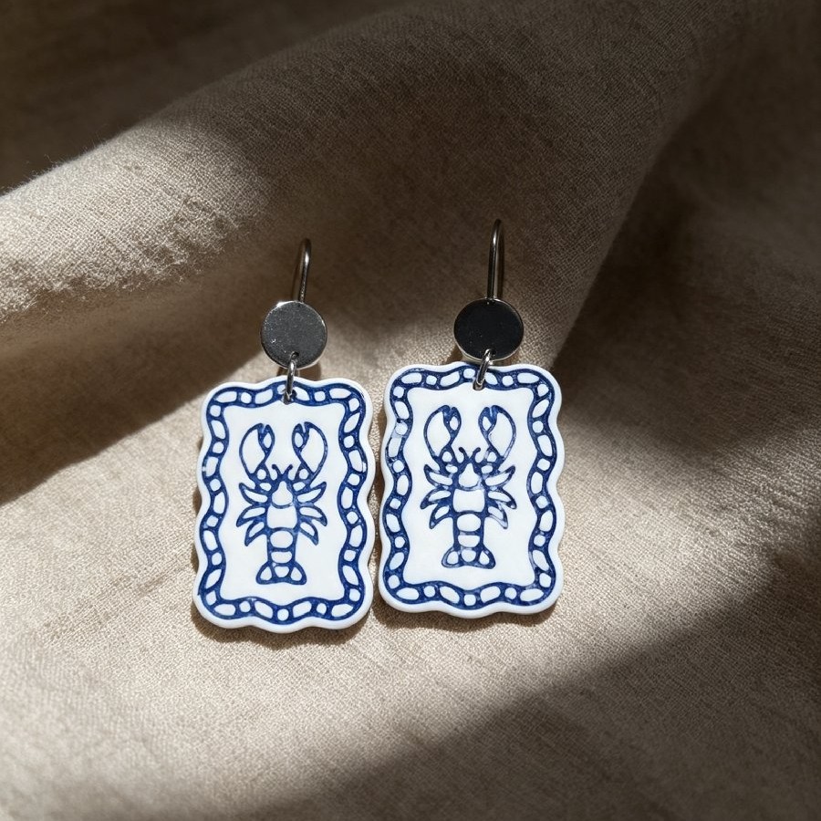 Blue & White Lobster Dangle Earrings