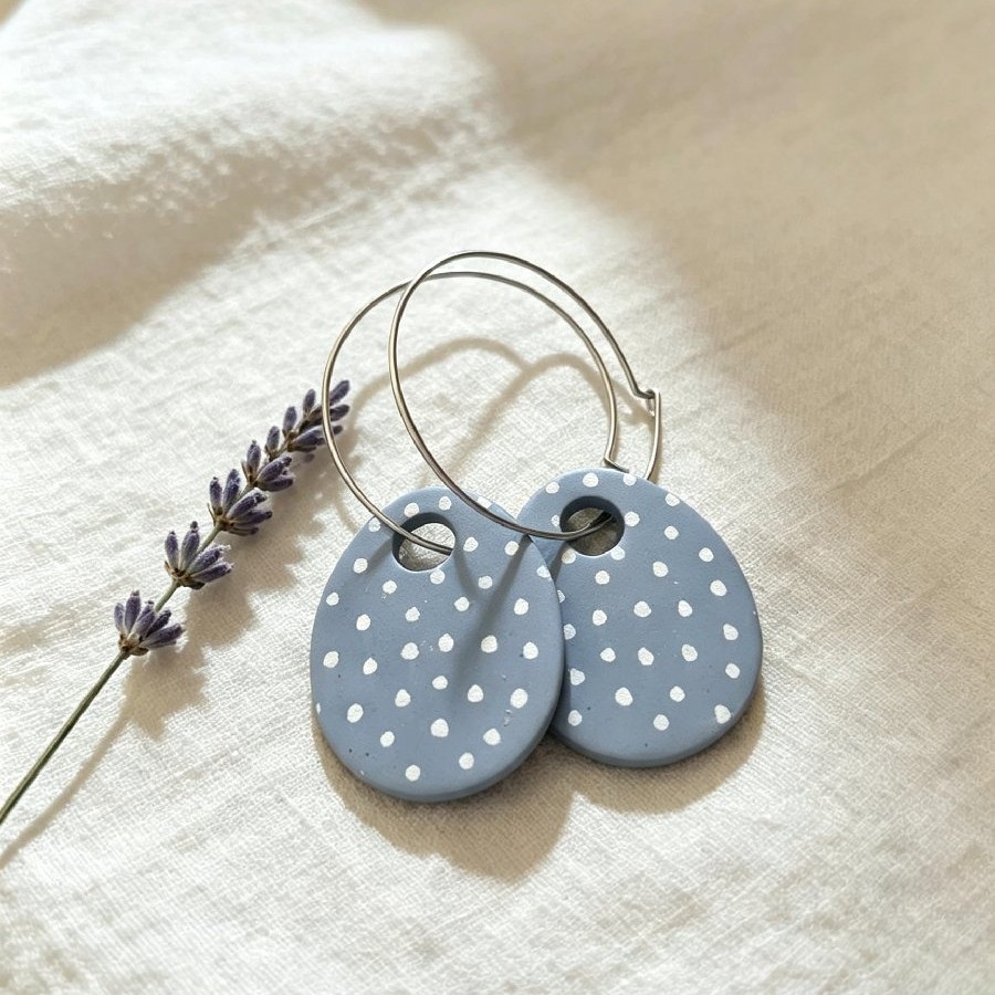 🩶 Slate Blue-Grey Polka Dot Hoop Dangles