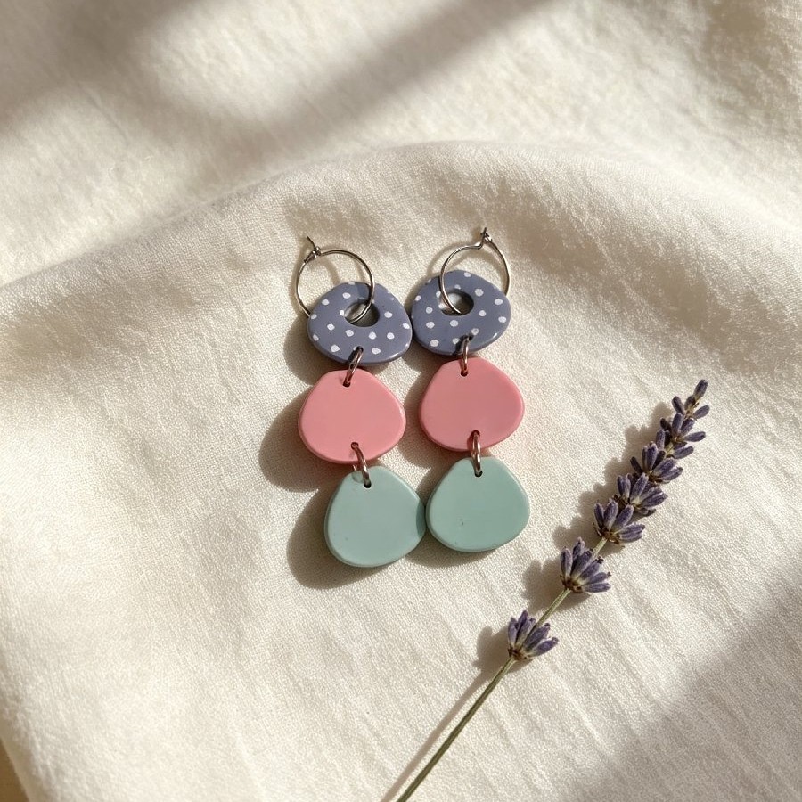 🩶 Slate Blue-Grey Polka Dot + Blush + Mint Tiered Dangle Earrings