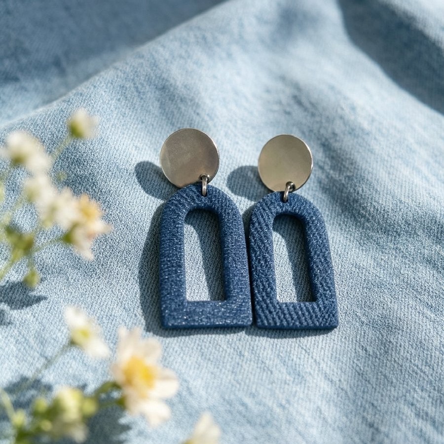 🩵 Deep Blue Denim-Textured Arch Earrings
