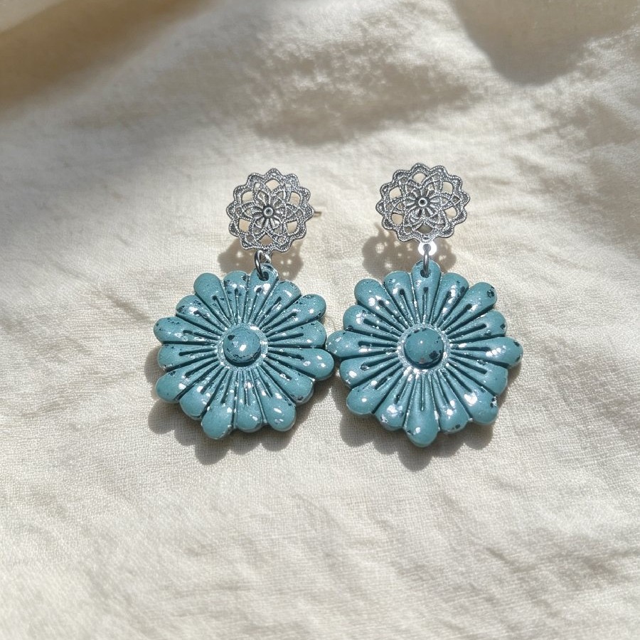 🌿 Teal Floral Filigree Dangle Earrings