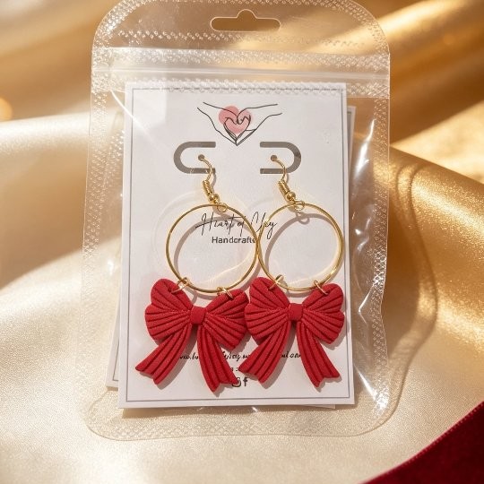 🎀 Red Bow Gold Hoop Dangles