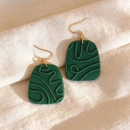 Deep Green Abstract Embossed Earrings