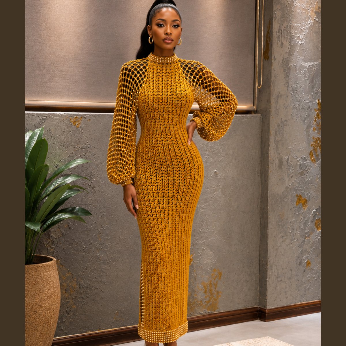 Golden Beaded Crochet Statement Dress